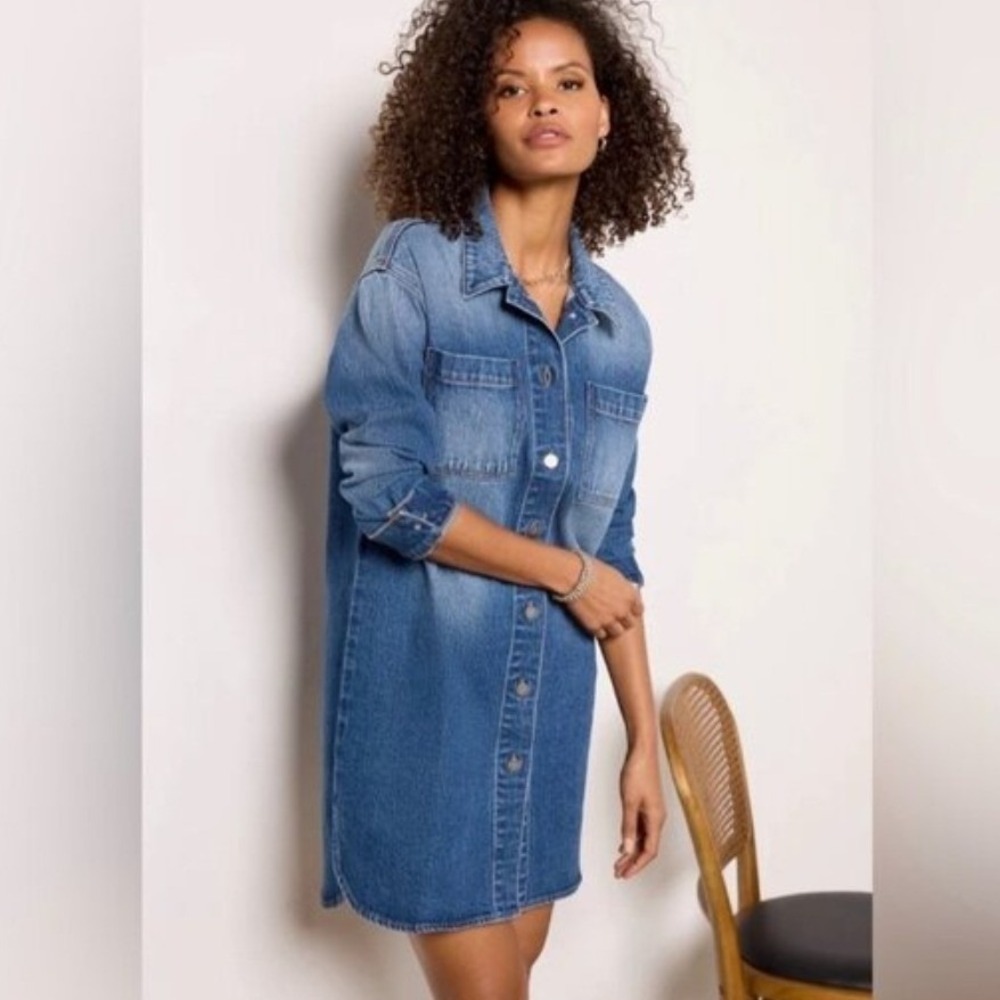 Evereve Denim Shirt Dress XS Blue Long Sleeve Coastal Cowgirl Utility Prep Chic